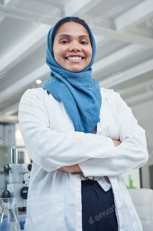 Preview: Portrait, scientist and muslim woman in lab with arms crossed, research
