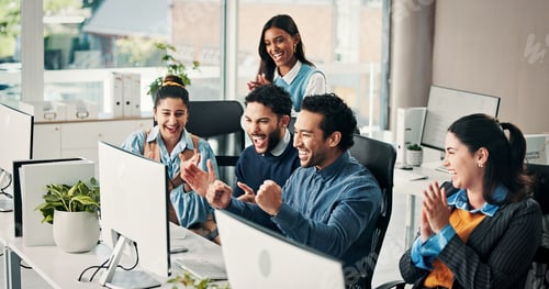 Preview: Business people, team and applause with win at computer for campaign success