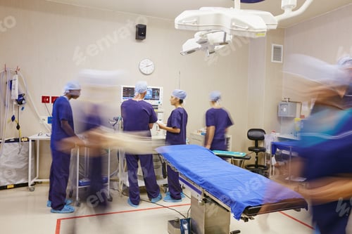 Preview: Hospital, surgery and blur of doctors in operation for medical service, emergency and procedure