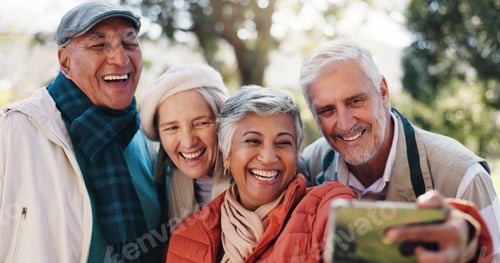 Preview: Senior friends, selfie and people at park for happy memory, laugh or group bonding together