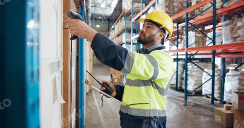 Preview: Shipping, scan and man with clipboard in warehouse for supply chain, distribution and inventory