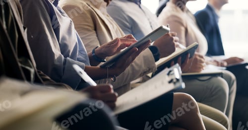 Preview: Business people, hands or meeting with presentation in row for workshop, conference or seminar