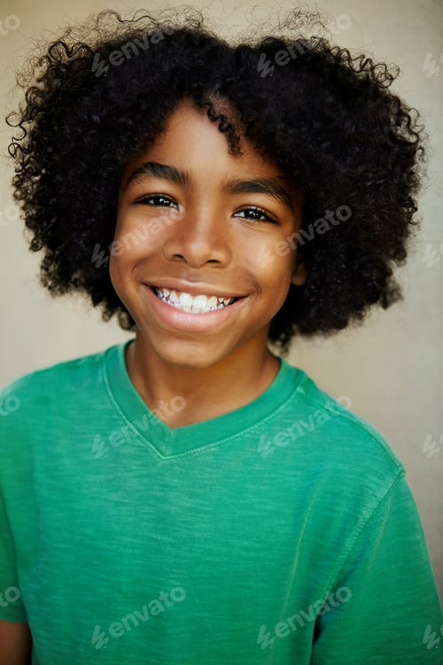 Preview: Confidence, portrait and black child with smile, education and student on studio background