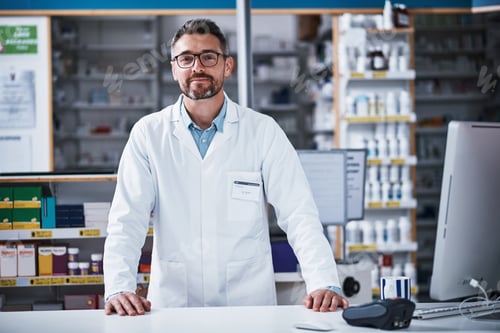Preview: Medical, store and portrait of man in pharmacy for medicine, advice and healthcare
