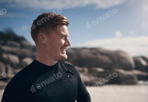 Preview: Surfer, smile and travel with man at beach for fitness, water sports and summer vacation