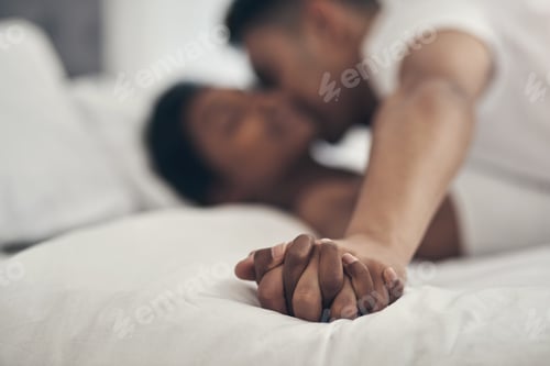 Preview: Love, couple and holding hands in bedroom for connection, intimacy and passion in morning