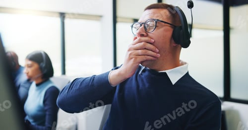 Preview: Yawn, call center and fatigue with business man in office for overworked