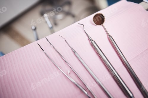 Preview: Clinic, dentistry and above of table with tools for checkup, dental exam and consultation