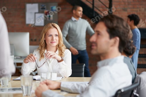 Preview: Meeting, woman or business people with creative team for company vision or development in office