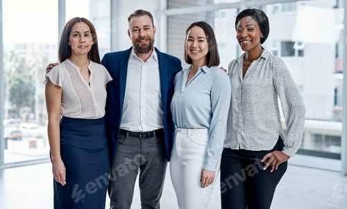 Preview: Business, team and smile with portrait at law firm for office community
