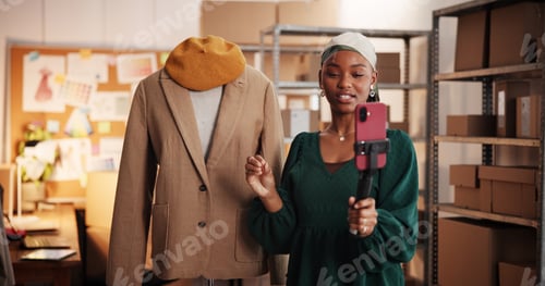 Preview: Black woman, live streaming and fashion startup with phone for brand awareness