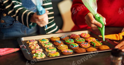 Preview: Christmas, helping hand or kid in house with icing, baking or bonding together in holiday season