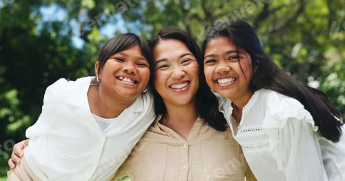 Preview: Happy, nature and portrait of mother with children for hug, care and bonding together on holiday