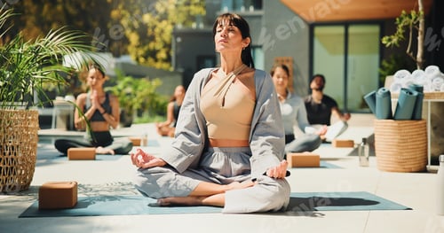 Preview: Yoga class, instructor or people outdoor with lotus pose for meditation, chakra healing or wellness