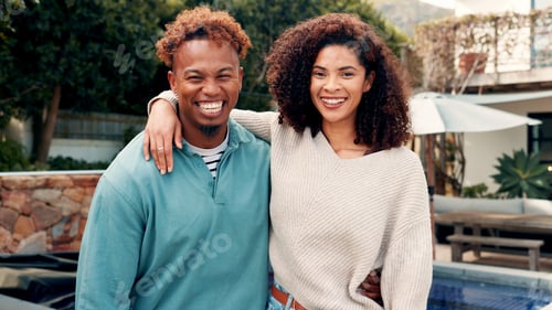 Preview: Happy, hug and portrait of couple outdoor with bonding, love and care by new home together