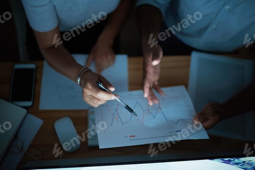 Preview: Night, hands and business people with graphs on paperwork for finance report, growth or proposal
