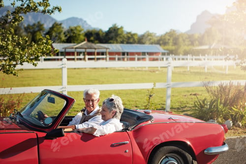 Preview: Happy, old couple and road trip in car, outdoor and together on summer holiday, retirement and love