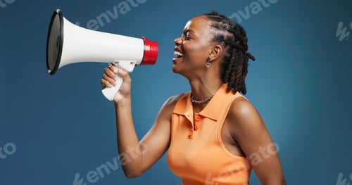 Preview: Profile, megaphone and black woman in studio, announcement and speech on blue background