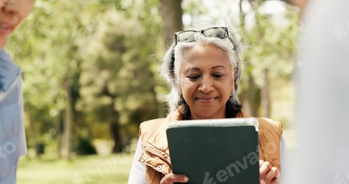 Preview: Mature woman, volunteer and tablet outdoor for charity, online checklist and community service