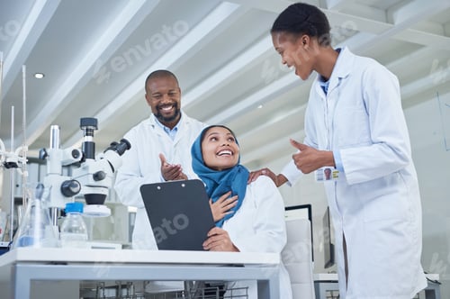 Preview: Science, people and thumbs up in lab with applause, clipboard and smile for medical research