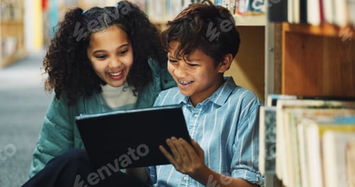 Preview: Learning, student and tablet with children in library for back to school development