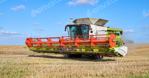 Preview: Harvester, machine and crops on farm in nature for agriculture, cutting wheat and collection