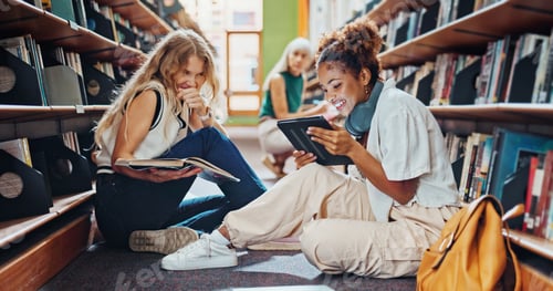 Preview: Tablet, friends and students in library, talking and ideas for academic project, smile and college