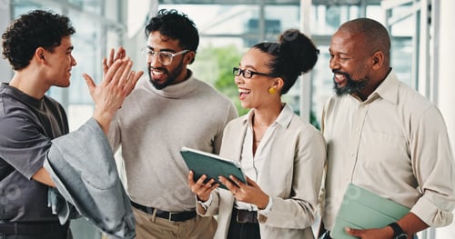 Preview: Business people, high five and celebration with team, tablet or achievement with financial job