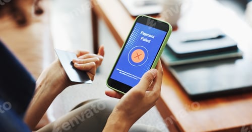 Preview: Credit card, phone screen and hands of woman with failure for online shopping, purchase and payment