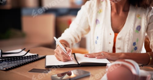 Preview: Notebook, journalist and woman with writing in home for proposal, article and remote work