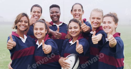 Preview: Rugby, thumbs up and portrait of team on field for training, game motivation and sports tournament