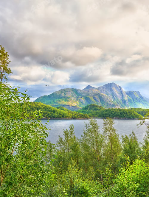 Preview: Environment, landscape and forest with mountain, lake and outdoor for adventure or conservation