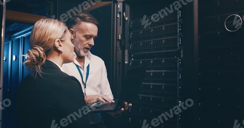 Preview: Collaboration, laptop and storage with people in server room together for network administration