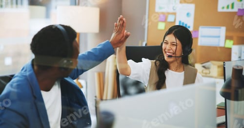 Preview: Business people, consultant or high five with headset in office for online advice