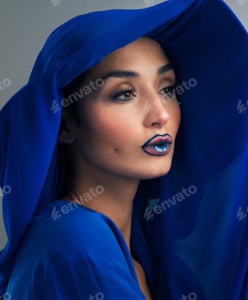 Preview: Woman, fashion and blue lipstick in studio with scarf, creative and contemporary style