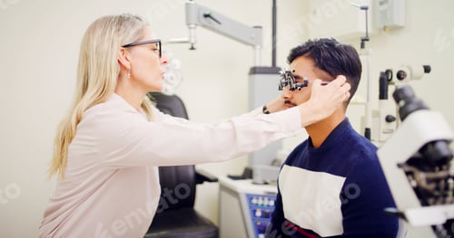 Preview: Optometrist, client or trial lens frame for eye exam, vision assessment