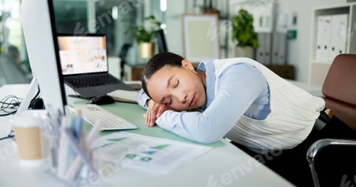 Preview: Tired woman, sleeping or computer with rest for fatigue, burnout or procrastination in office