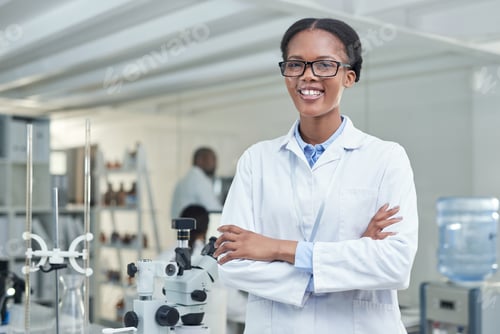 Preview: Woman, scientist and happy with arms crossed at lab with glasses, pride