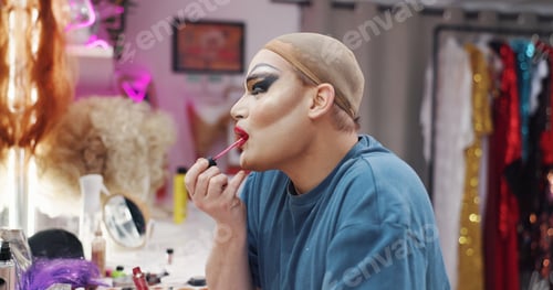 Preview: Drag performer, lipstick or person in dressing room for getting ready, queer culture or cosmetics