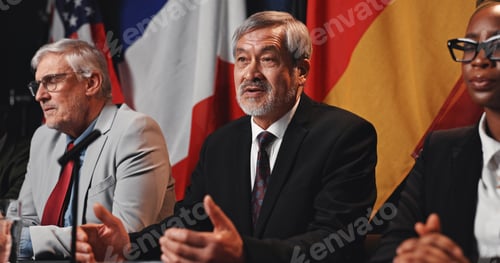 Preview: Politician, forum or man with speech at press conference for economic relations