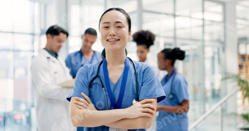 Preview: Woman, meeting and portrait of nurse in hospital for medical support, smile and help in uniform