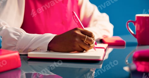 Preview: College student, writing and hands with notebook on desk, learning or preparation for exam