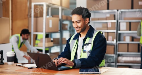 Preview: Distribution, laptop and happy man in warehouse, typing and email for inventory management
