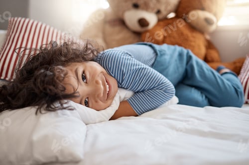 Preview: Portrait, boy or child with smile in bedroom, break or rest in home for childhood development