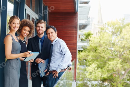 Preview: Real estate, portrait and people with tablet, balcony and conversation with property investment