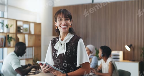 Preview: Happy woman, portrait or tablet with team in call center for customer service or online advice