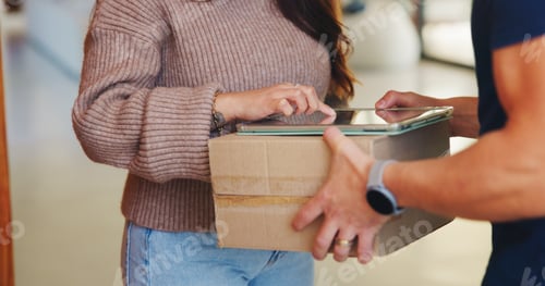 Preview: Logistics, hands and tablet in home for delivery, customer service and digital signature for box