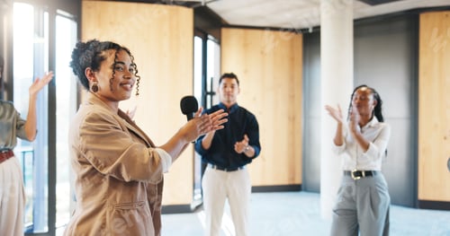 Preview: Applause, workshop or speaker in circle with mic, crowd motivation or appreciation for presenter