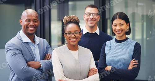 Preview: Portrait, smile and business people outdoor with arms crossed, collaboration
