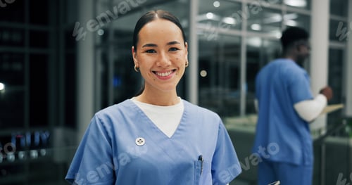 Preview: Medical, portrait or woman in hospital at night, confidence or career pride in healthcare